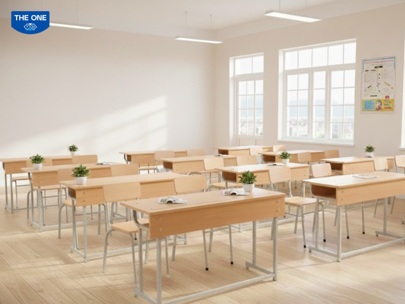 Mẫu bàn ghế đôi giúp học sinh tương tác và học nhóm hiệu quả.