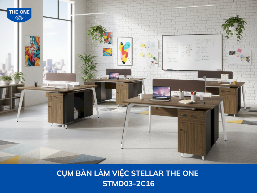 Cụm bàn làm việc tích hợp hộc tủ tiện lợi, hỗ trợ lưu trữ hồ sơ ngăn nắp.