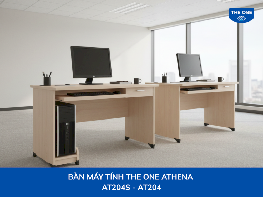 Bàn máy tính chuyên dụng có khay bàn phím và khoang CPU, hỗ trợ bố trí thiết bị khoa học.