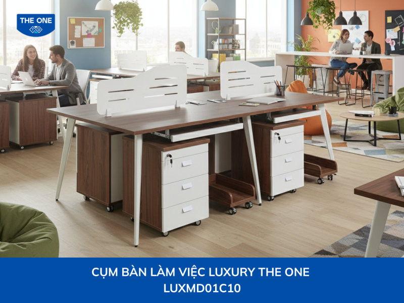 Cụm bàn làm việc hiện đại giúp tối ưu hóa không gian lưu trữ và đảm bảo sự thông thoáng.