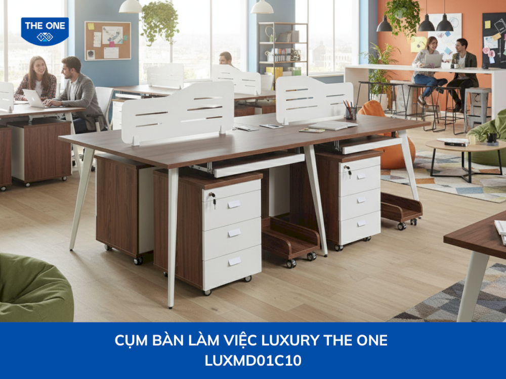 Cụm bàn làm việc hiện đại giúp tối ưu hóa không gian lưu trữ và đảm bảo sự thông thoáng.