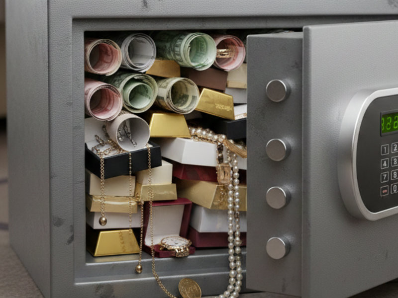 Đồ đạc quá nhiều và lộn xộn đẩy vào cánh cửa khiến két sắt kêu.