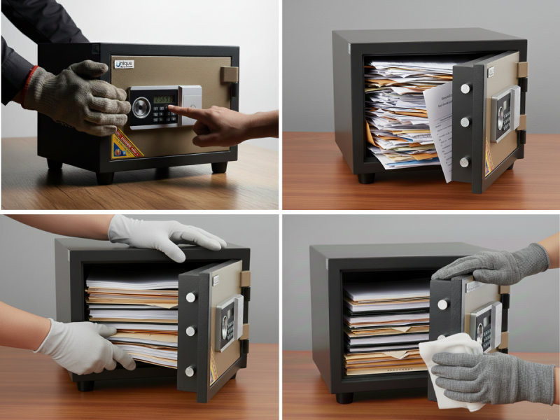 Dùng tay ép mạnh cánh cửa và nhập mã mở khóa để giảm áp lực. Sau đó kiểm tra, sắp xếp gọn gàng đồ đạc bên trong két sắt.