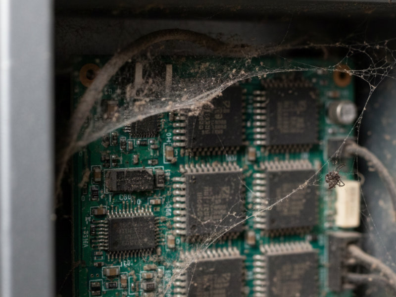 Bảng mạch két sắt bị bám bụi và mạng nhện có thể gây lỗi chập chờn, làm bàn phím hoạt động không ổn định và phát ra tiếng kêu liên tục.