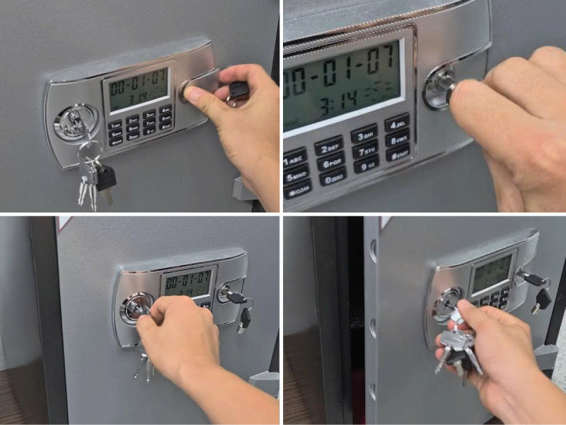 Dùng chìa khóa phụ kết hợp với chìa khóa chính để mở két sắt thủ công, qua đó kiểm tra motor bên trong khi phát ra tiếng kêu rè rè.