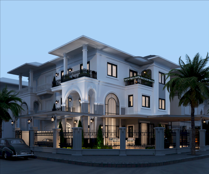 Hệ cột La Mã chạy dọc từ tầng 2 lên 3 tạo vẻ bề thế và sang trọng (Nguồn ảnh: Internet)