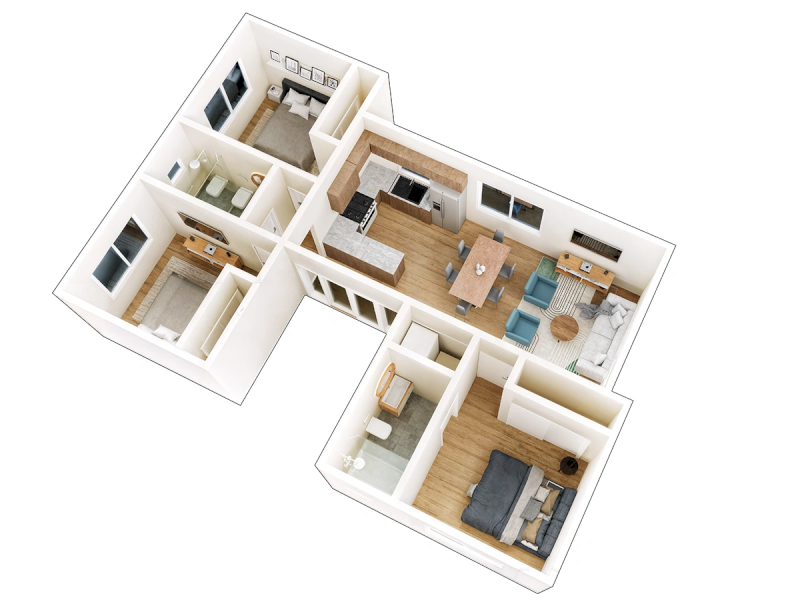 Trung tâm là phòng khách kết nối các phòng ngủ và bếp ăn, tận dụng góc nhà tối đa (Nguồn ảnh: Internet)