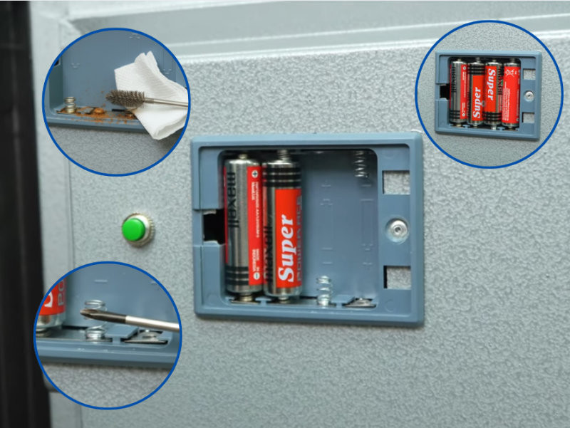 Hướng dẫn thay pin két sắt điện tử khi pin đã cũ và gỉ sét.