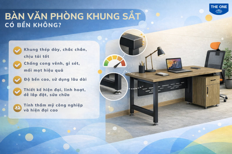 Bàn làm việc khung sắt có bền không? Phân tích kỹ thuật vật liệu, kết cấu chịu lực và các yếu tố ảnh hưởng đến tuổi thọ sản phẩm.