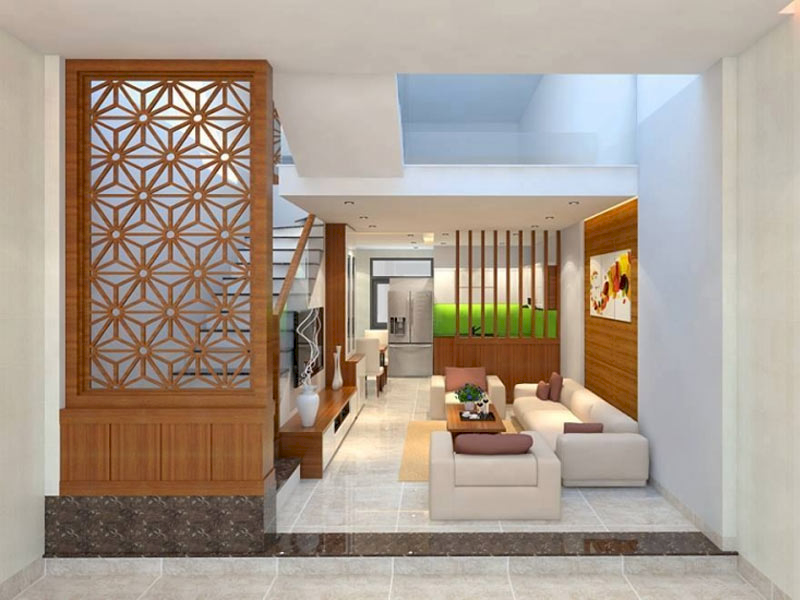 Đặt vách ngăn giúp dòng khí "tụ" lại, hiền hòa hơn và giữ được tài lộc ở lại tầng trệt. (Nguồn: Internet)