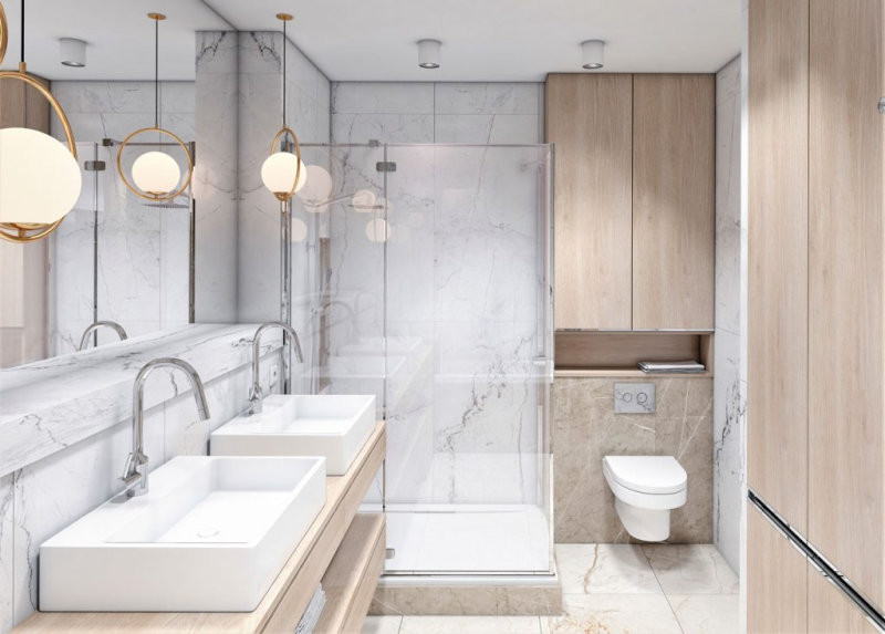 Ánh sáng, màu sắc và vật liệu phù hợp giúp phòng vệ sinh nhỏ trông rộng rãi, hiện đại và sang trọng. (Nguồn: Internet)