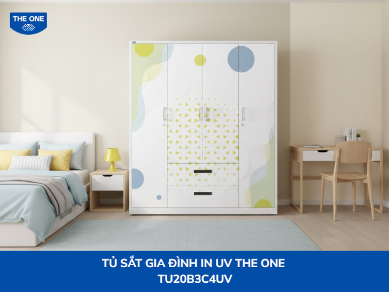 Tủ quần áo được thiết kế 4 cánh mở với 2 ngăn kéo tiện lợi, họa tiết trẻ trung và màu sắc trang nhã.