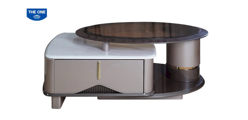 Bàn sofa cao cấp, gồm 2 bàn, bàn tròn mặt kính cường lực nâu trà, mặt dưới mặt đá, bên dưới gầm gỗ công nghiệp có ngăn kéo.