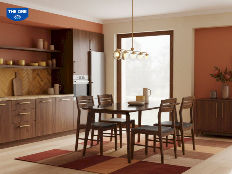 Sử dụng bàn ăn gỗ tông màu trầm từ Nội thất The One, mang lại sự ổn định và sang trọng cho gia chủ mệnh Đại Trạch Thổ.