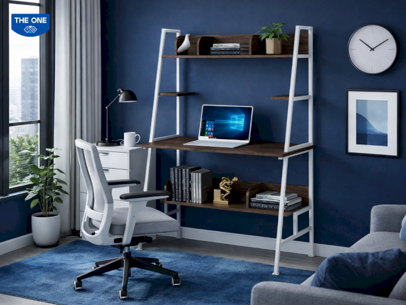 Sử dụng tông màu xanh nước biển (hành Thủy) cho không gian làm việc để tương hợp với bản mệnh Đại Hải Thủy của gia chủ 1982.