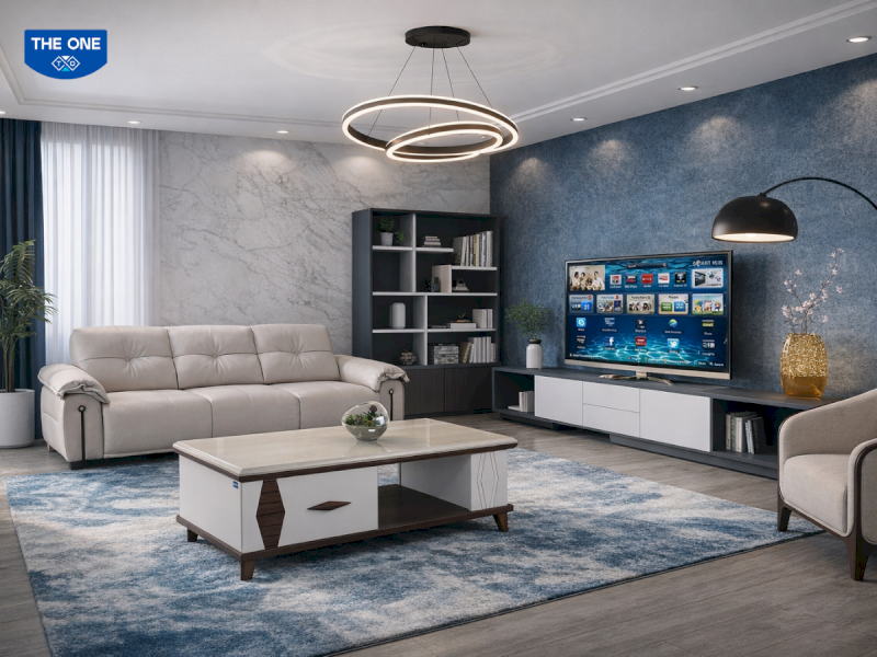 Phối cảnh phòng khách hiện đại với sự kết hợp màu trắng (Kim) và xanh (Thủy) giúp thu hút vượng tài và thoát khí tốt.