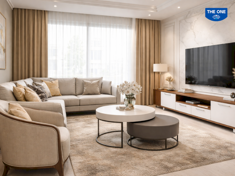 Không gian phòng khách sử dụng tông màu trung tính và màu hành Thổ (vàng, nâu) để tương sinh cho mệnh Kiếm Phong Kim.