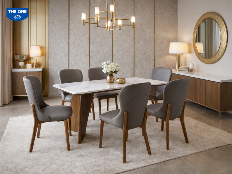 Lựa chọn nội thất bàn ăn cao cấp, mặt đá nhân tạo từ Nội thất The One, vừa bền bỉ vừa chuẩn phong thủy cho gia chủ mệnh Kim.