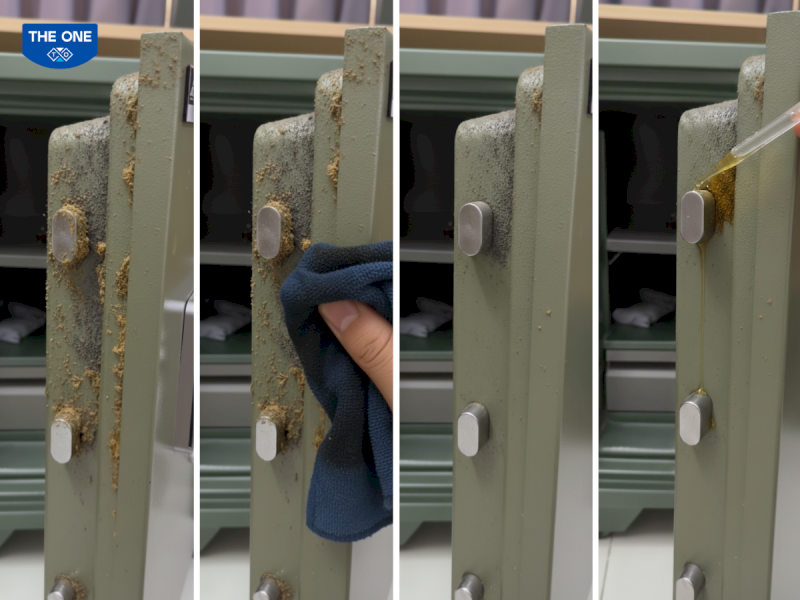 Dùng khăn sạch lau bụi và bôi trơn chốt khóa với dầu bôi chuyên dụng.