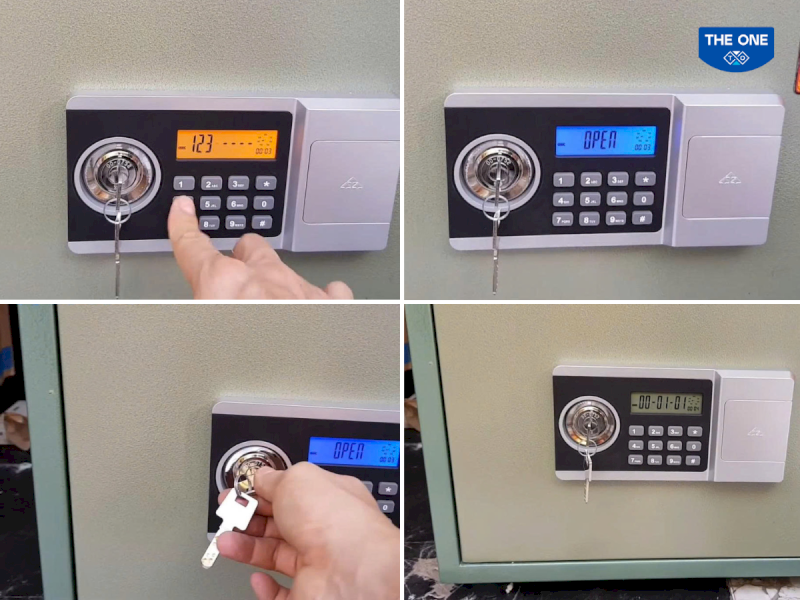 Nhập mã mở khóa lại két, sau đó vặn chìa và đóng cửa két sắt hoàn toàn.