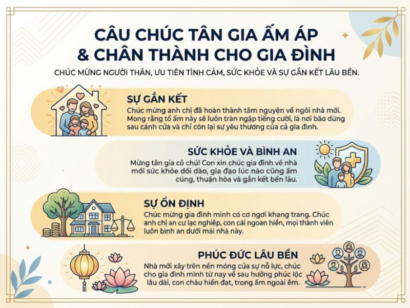 Câu chúc tân gia cho ngôi nhà mới luôn là bến đỗ ấm áp nhất, nơi bão dừng sau lưng và chỉ còn tình thân ở lại.