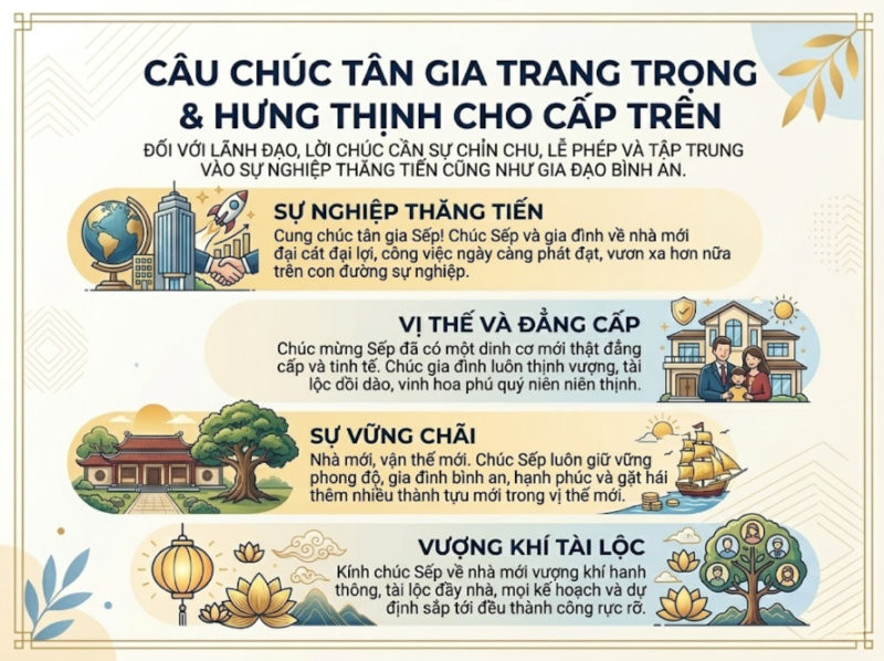 Câu chúc tân gia gia đình Sếp an khang thịnh vượng, vạn sự như ý trong không gian sống đẳng cấp và sang trọng.
