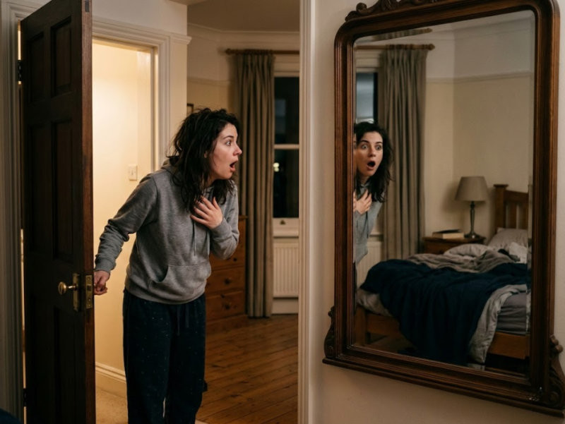 Gương đối diện cửa có thể gây giật mình và hoảng hốt. (Nguồn: Internet)