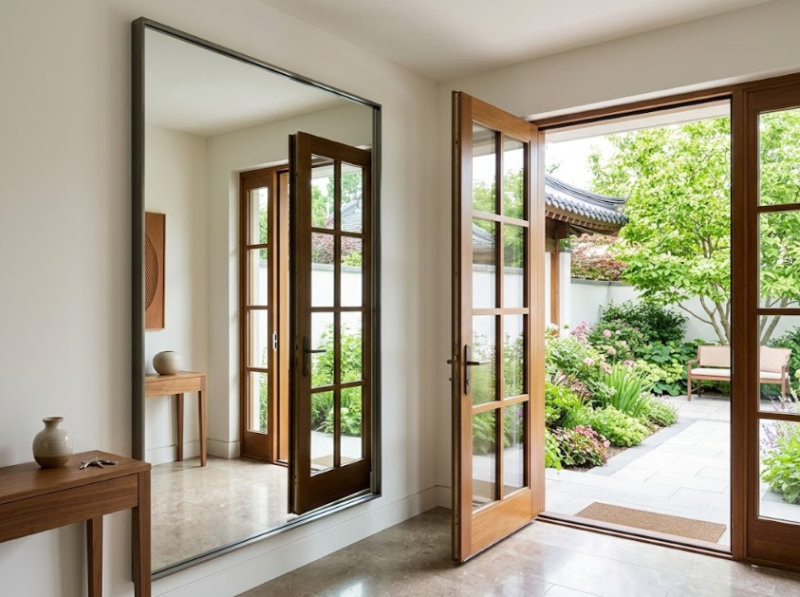 Đặt gương vuông góc với cửa chính giúp mở rộng không gian. (Nguồn: Internet)