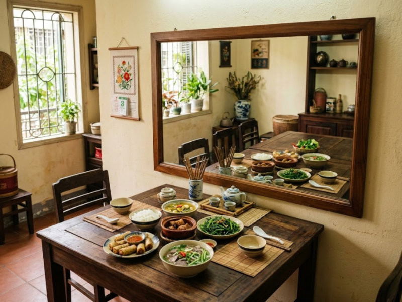 Gương đối diện bàn ăn nhân đôi sự thịnh vượng. (Nguồn: Internet)