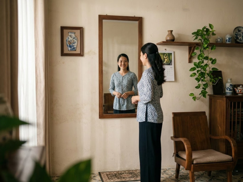 Độ cao treo gương lý tưởng là tâm gương ngang tầm mắt. (Nguồn: Internet)