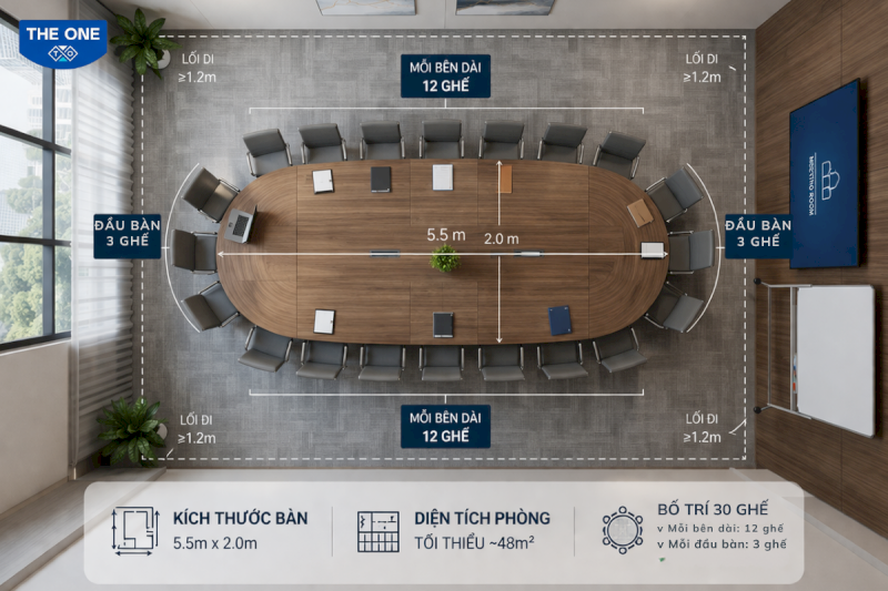 Bàn họp hình Oval cho 30 người có thiết kế bo tròn 4 góc giúp không gian trở nên mềm mại và tăng cường sự tương tác giữa các thành viên (Ảnh minh hoạ)