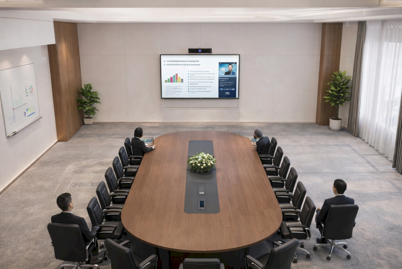 Khoảng cách từ cạnh bàn gần nhất đến màn hình tivi hoặc màn chiếu tối thiểu là 1.5m - 2m