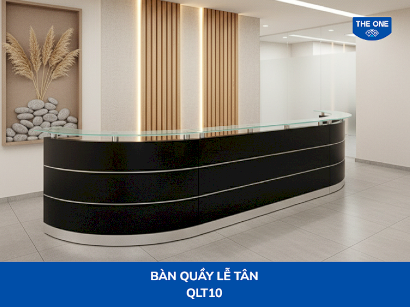 Hệ thống quầy lễ tân dài ghép nối chuyên nghiệp, mang tính đồng bộ và đẳng cấp