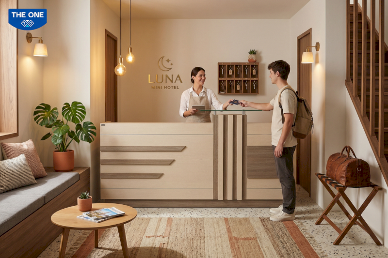 Kích thước quầy lễ tân khách sạn làm từ gỗ Melamine nhỏ gọn BQ101-18 của Nội thất The One có kích thước W1800 x D780 x H1150