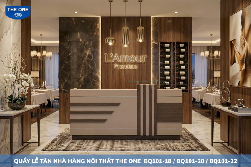 Kích thước quầy lễ tân nhà hàng BQ101-22: W2200 x D780 x H1150 (mm) phù hợp với nhà hàng cần không gian rộng lớn