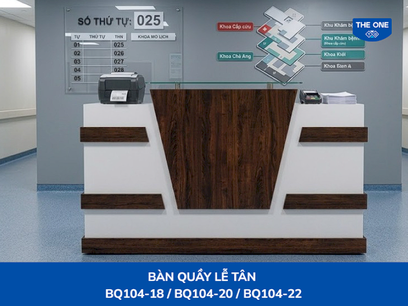 Thiết kế quầy lễ tân chữ I BQ104 nổi bật với phối màu hiện đại, phù hợp không gian chuyên nghiệp