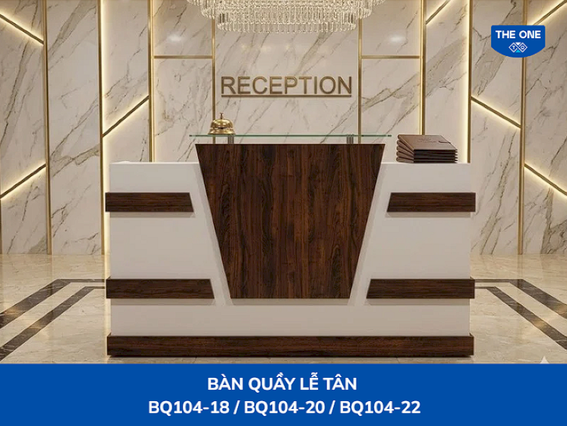 Mẫu quầy lễ tân chữ I BQ104-18 có kiểu dáng gọn gàng giúp tối ưu diện tích khu vực lễ tân khách sạn nhỏ