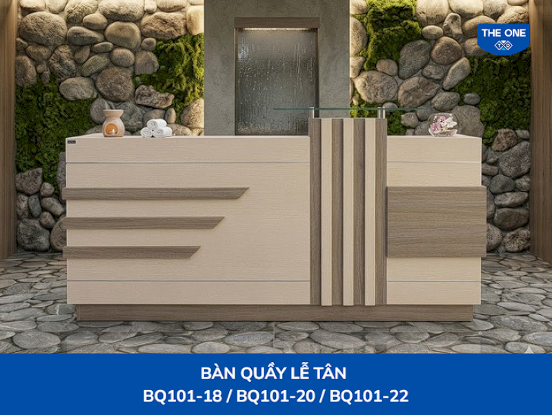 Thiết kế mẫu quầy lễ tân chữ I gọn gàng, phù hợp văn phòng quy mô nhỏ và vừa