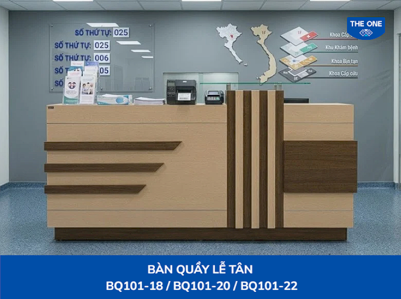 Mẫu quầy lễ tân chữ I có thiết kế linh hoạt, phù hợp nhiều loại hình dịch vụ