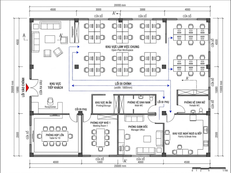 Bản vẽ 2D thể hiện sự phân bổ không gian và luồng giao thông nội bộ một cách khoa học.