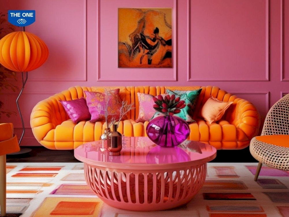 Không gian phòng khách sử dụng tông màu đỏ, tím, cam (hành Hỏa) để tương sinh cho mệnh Lư Trung Hỏa.