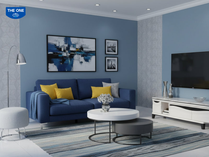 Không gian phòng khách ưu tiên tông màu xanh dương bản mệnh, kết hợp các sản phẩm sofa và bàn trà hiện đại từ Nội thất The One để tăng cường vượng khí cho người mệnh Thủy.