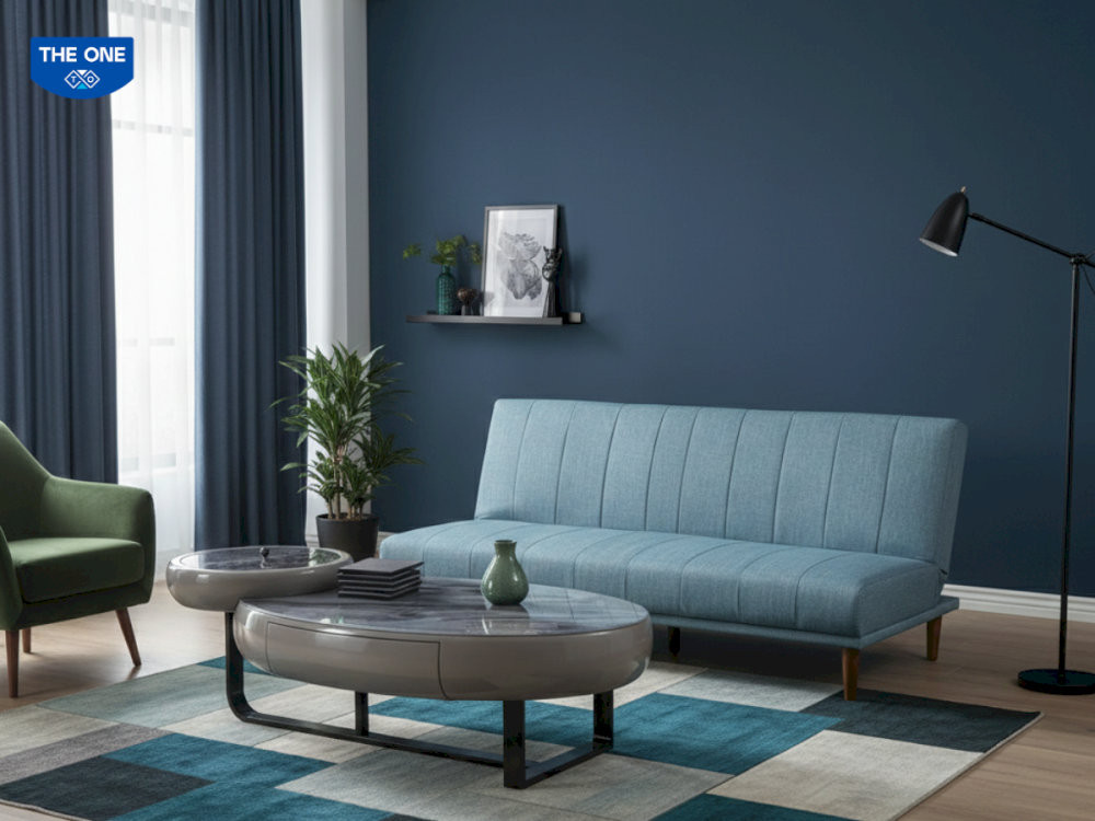 Không gian phòng khách ưu tiên sử dụng tông màu xanh dương và xanh lá tương sinh cho mệnh Tang Đố Mộc, kết hợp cùng các dòng sản phẩm hiện đại của Nội thất The One.
