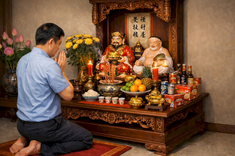 Đọc văn khấn Thần Tài đúng bài với thái độ thành tâm được xem là yếu tố then chốt quyết định hiệu quả của nghi lễ (Nguồn ảnh: Internet)