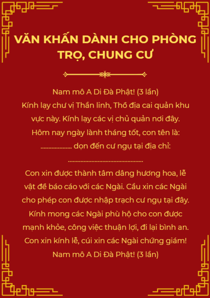 Đối với phòng trọ hay căn hộ chung cư, gia chủ có thể sử dụng bài văn khấn bản ngắn gọn hơn để báo cáo sự có mặt.