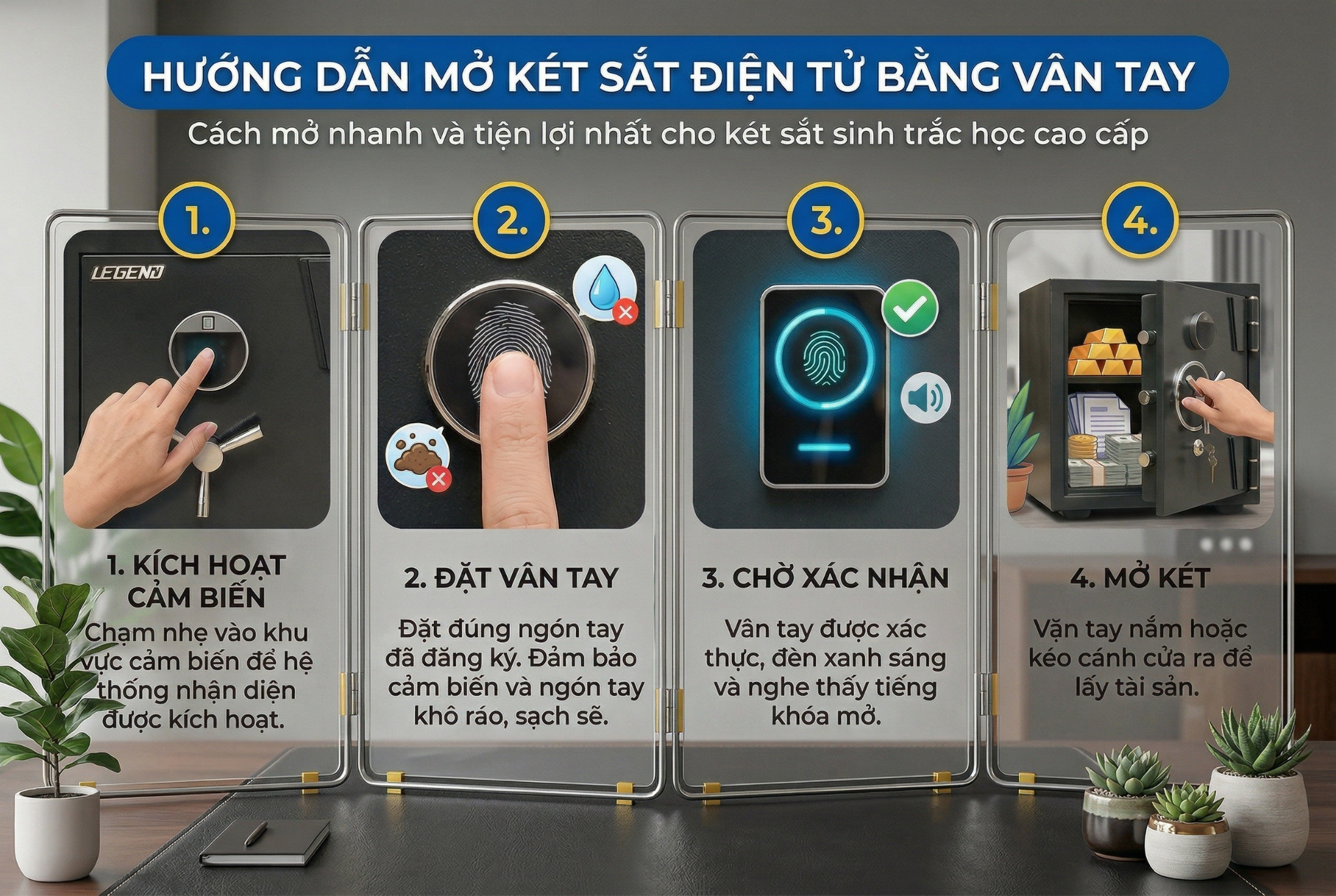 Hướng dẫn mở khóa két bằng mã khóa vân tay.