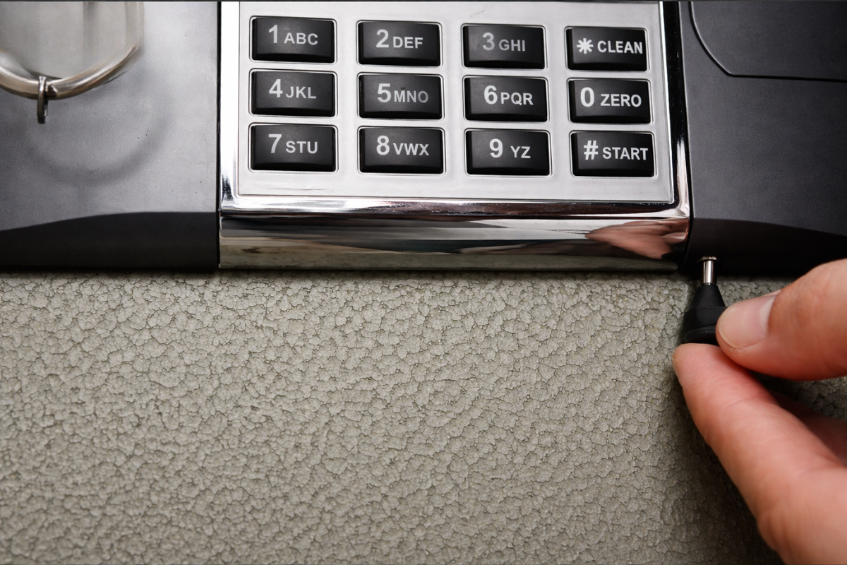 Cắm giắc của hộp tiếp pin vào cổng tiếp nguồn trên két sắt (Nguồn ảnh: Internet)  