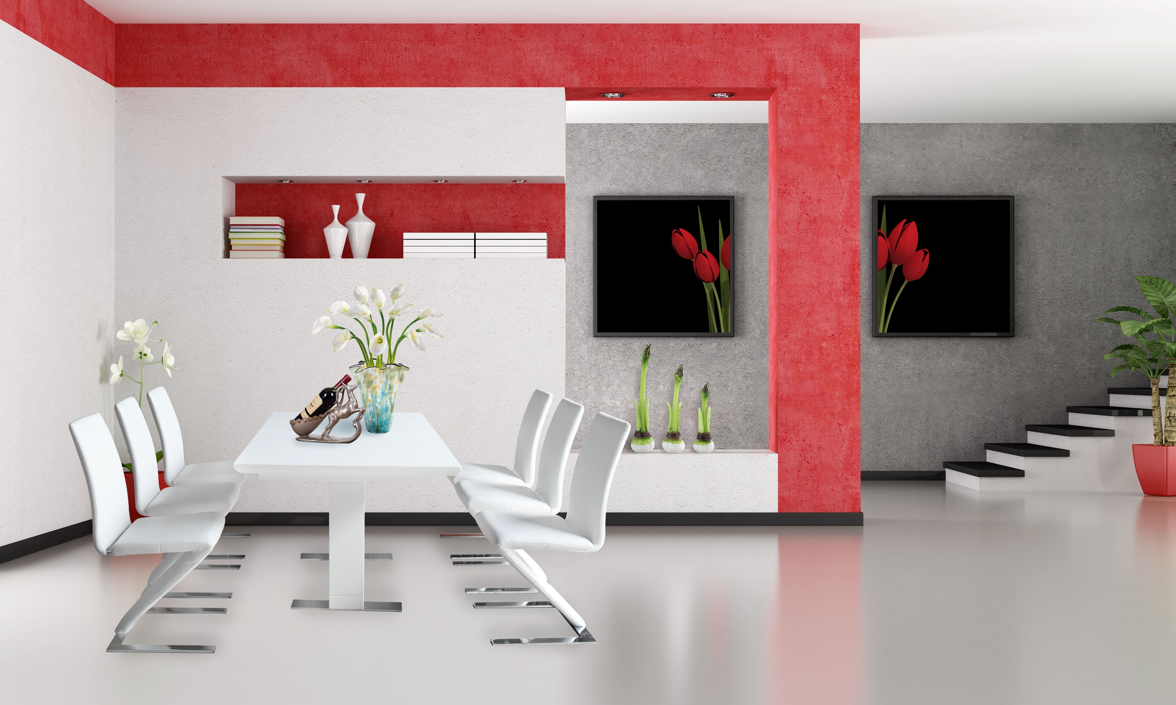 empty minimalist living room with staircase- rendering- the art pictures on wall are my composition