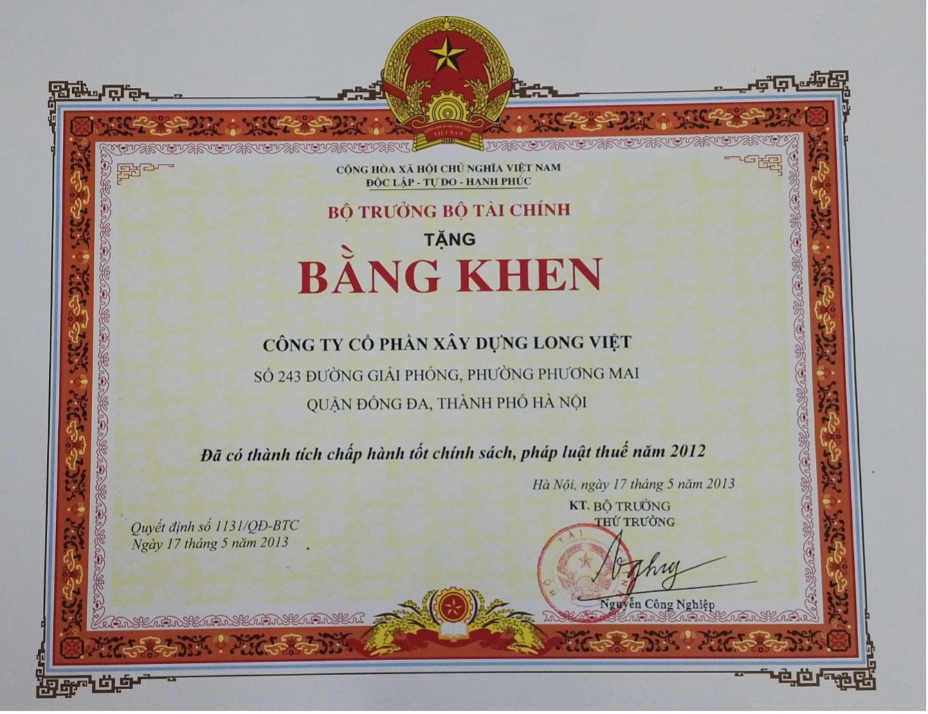 Bằng khen của Bộ Tài chính vì có thành tích chấp hành tốt chính sách, pháp luật thuế năm 2012