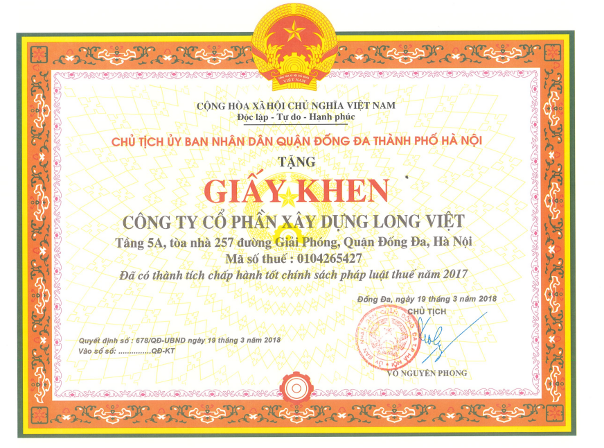 Bằng khen của Chủ tịch UBND Quận Đống Đa Thành phố Hà Nội vì có thành tích chấp hành tốt chính sách pháp luật thuế năm 2017